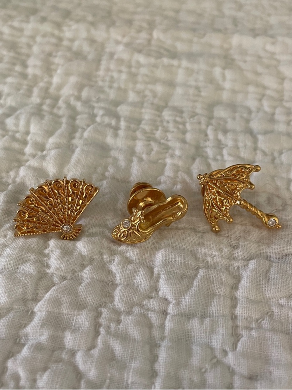 Gold Fan, Shoe and Umbrella Pin Trio - Women Jewelry